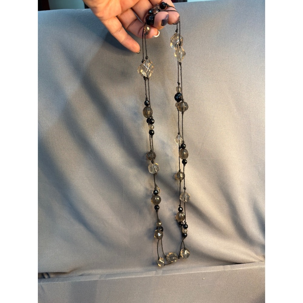 Long Beaded Strand Necklace Smoky Gray Clear Black Faceted Knotted Cord Lariat